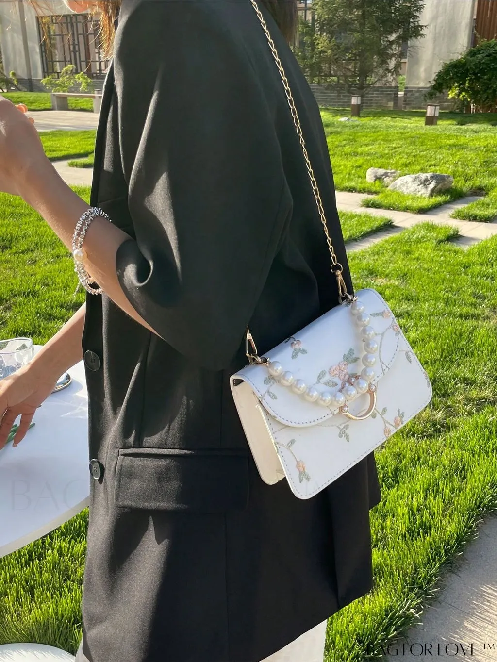BagForLove - Chic Mini Square Bag with Flower Embroidery and Faux Pearl Accents