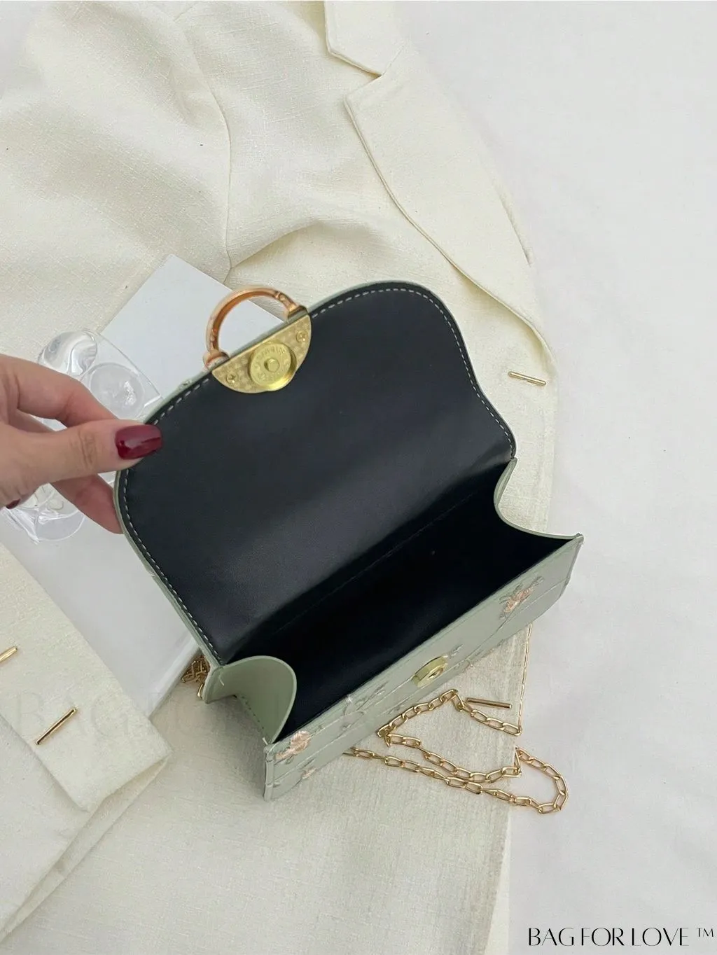BagForLove - Chic Mini Square Bag with Flower Embroidery and Faux Pearl Accents