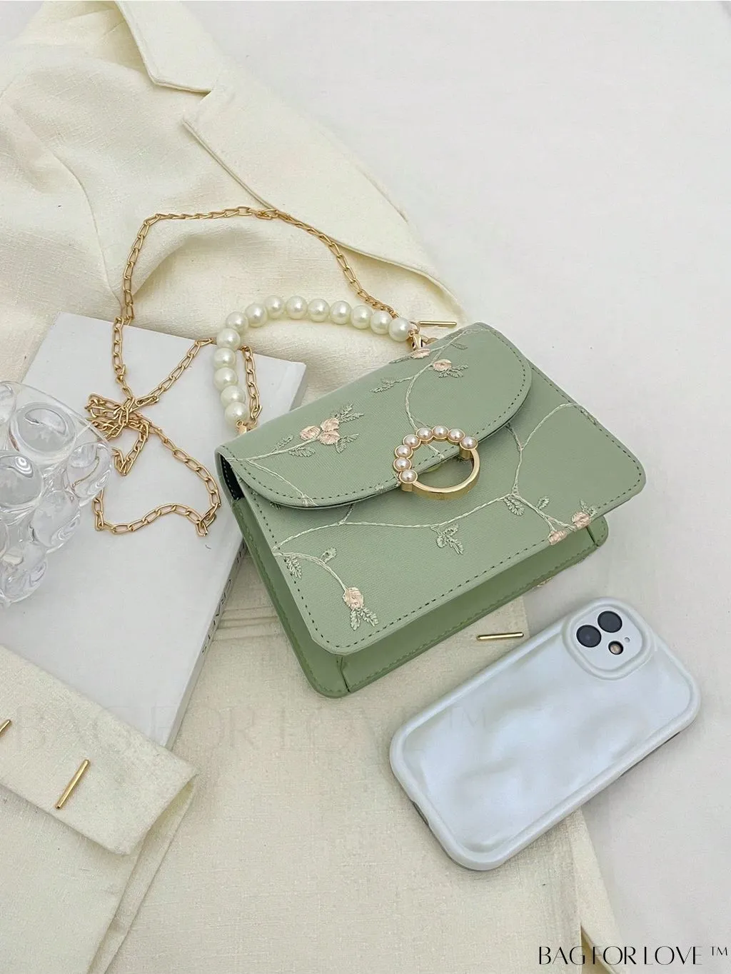 BagForLove - Chic Mini Square Bag with Flower Embroidery and Faux Pearl Accents