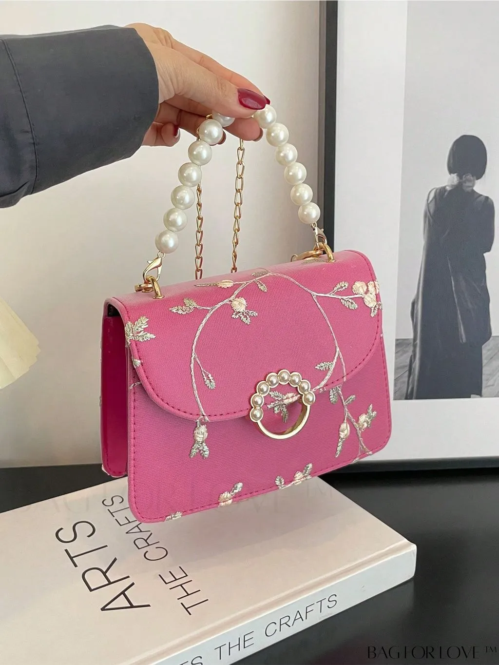 BagForLove - Chic Mini Square Bag with Flower Embroidery and Faux Pearl Accents