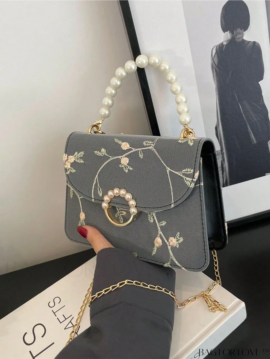 BagForLove - Chic Mini Square Bag with Flower Embroidery and Faux Pearl Accents