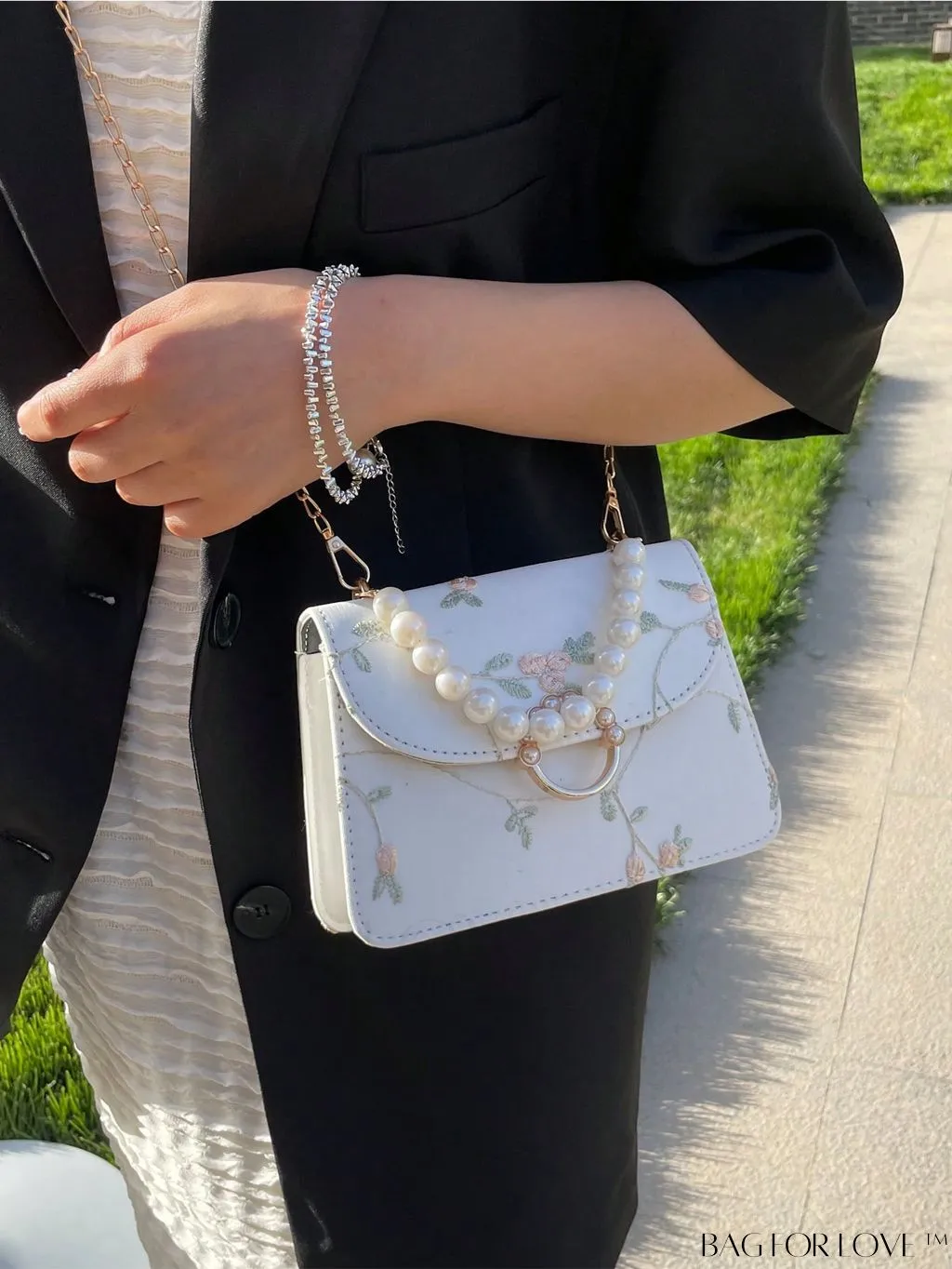 BagForLove - Chic Mini Square Bag with Flower Embroidery and Faux Pearl Accents