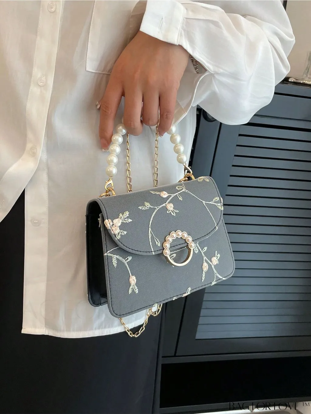 BagForLove - Chic Mini Square Bag with Flower Embroidery and Faux Pearl Accents