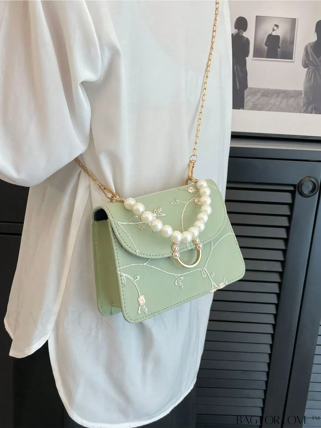 BagForLove - Chic Mini Square Bag with Flower Embroidery and Faux Pearl Accents