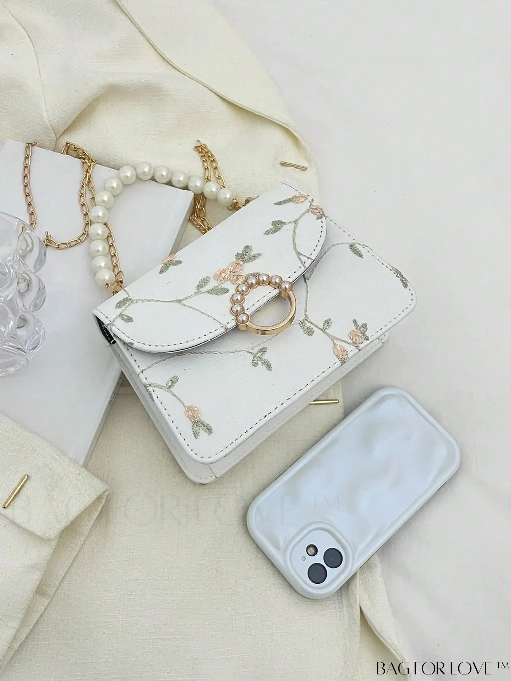 BagForLove - Chic Mini Square Bag with Flower Embroidery and Faux Pearl Accents