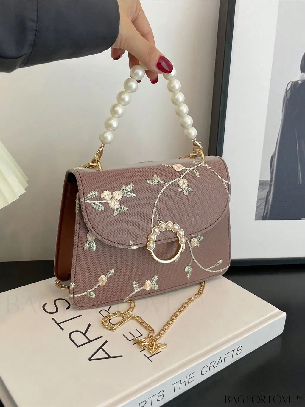 BagForLove - Chic Mini Square Bag with Flower Embroidery and Faux Pearl Accents