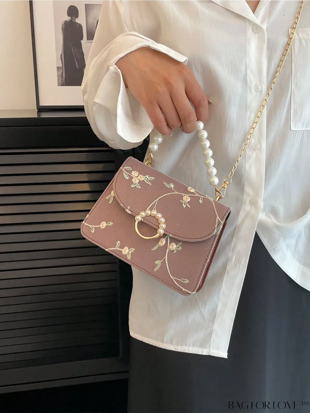 BagForLove - Chic Mini Square Bag with Flower Embroidery and Faux Pearl Accents