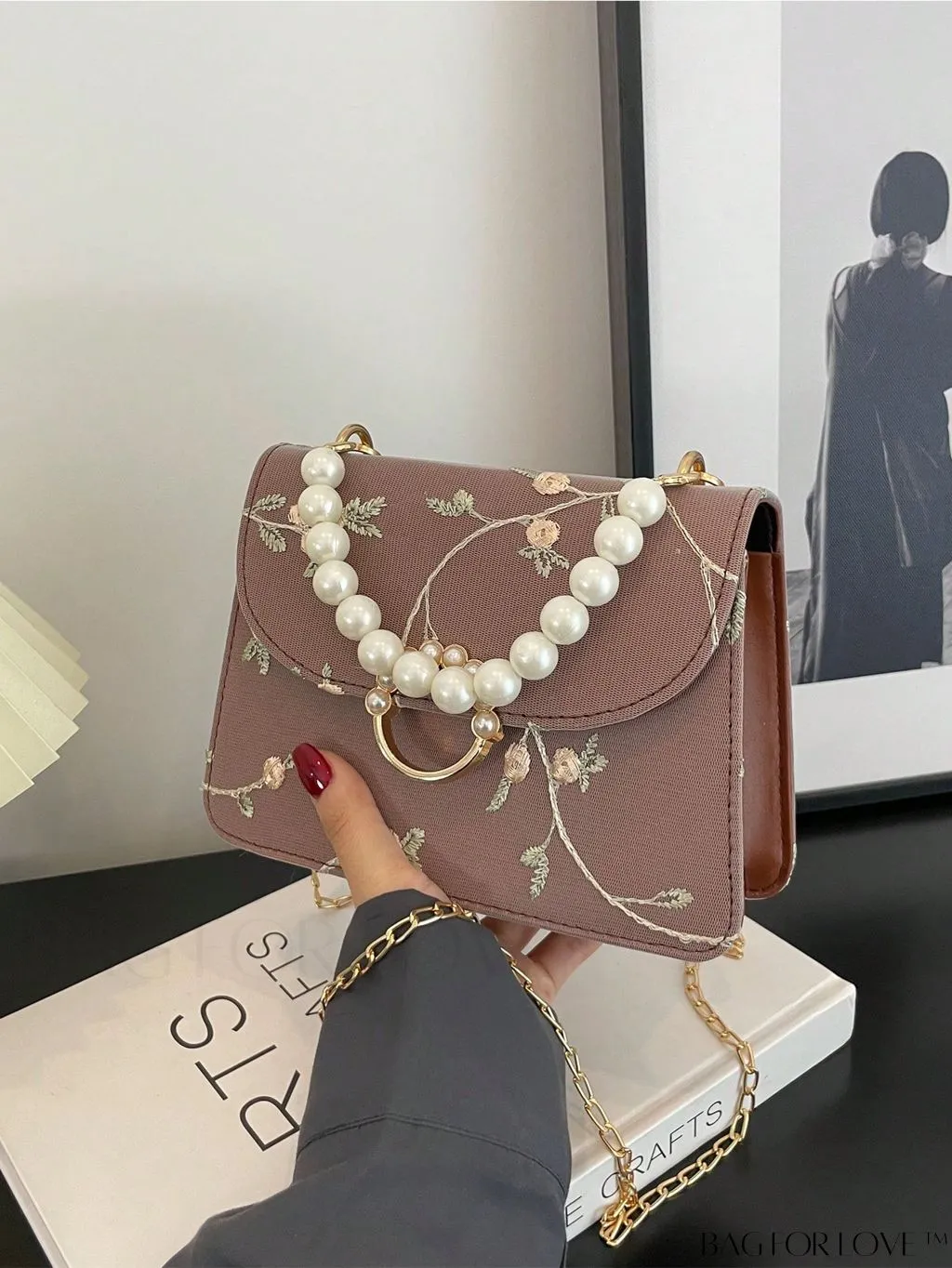 BagForLove - Chic Mini Square Bag with Flower Embroidery and Faux Pearl Accents