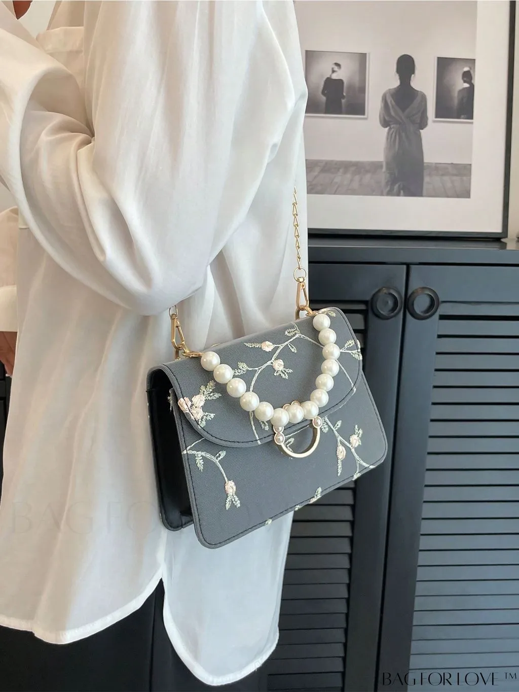 BagForLove - Chic Mini Square Bag with Flower Embroidery and Faux Pearl Accents