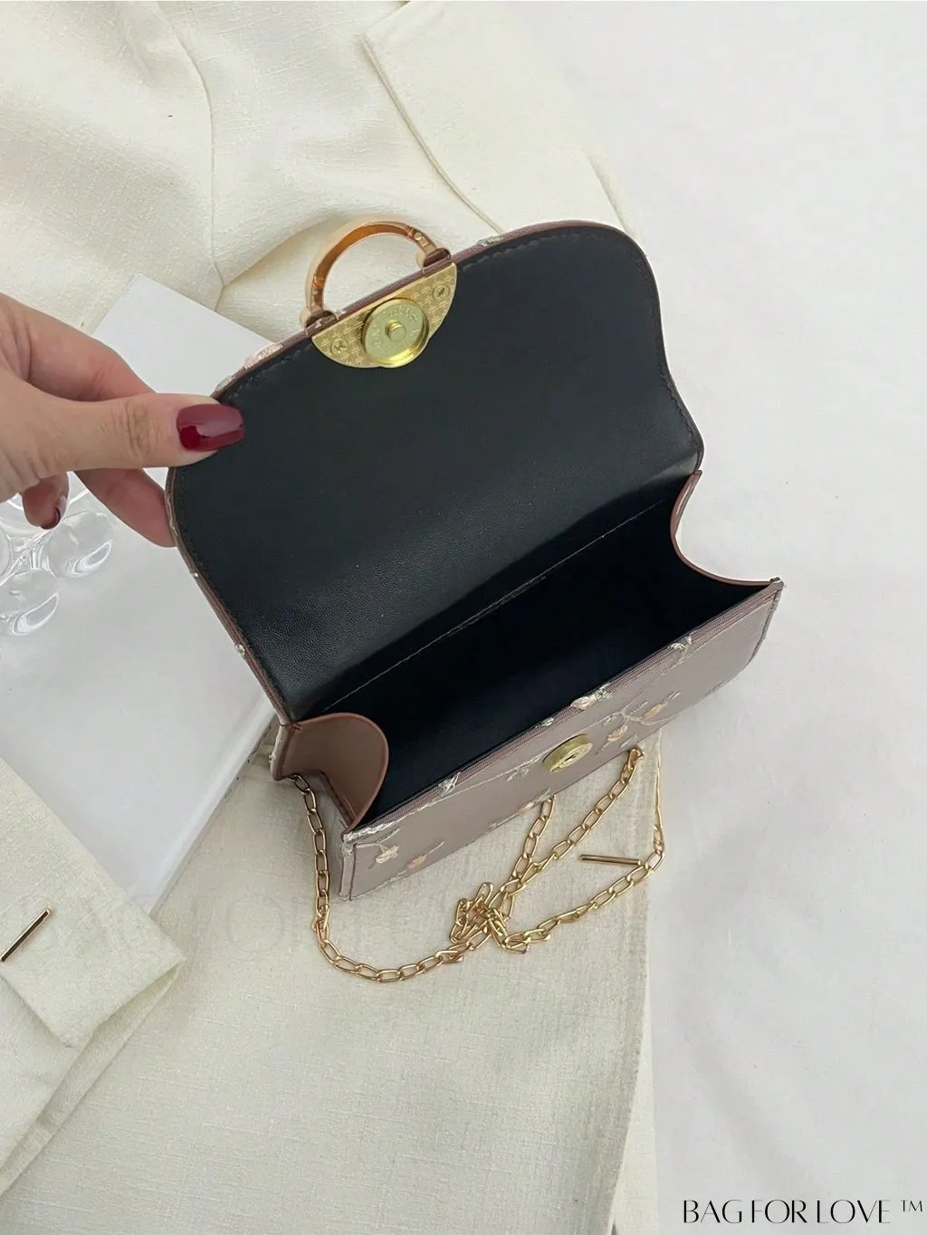 BagForLove - Chic Mini Square Bag with Flower Embroidery and Faux Pearl Accents