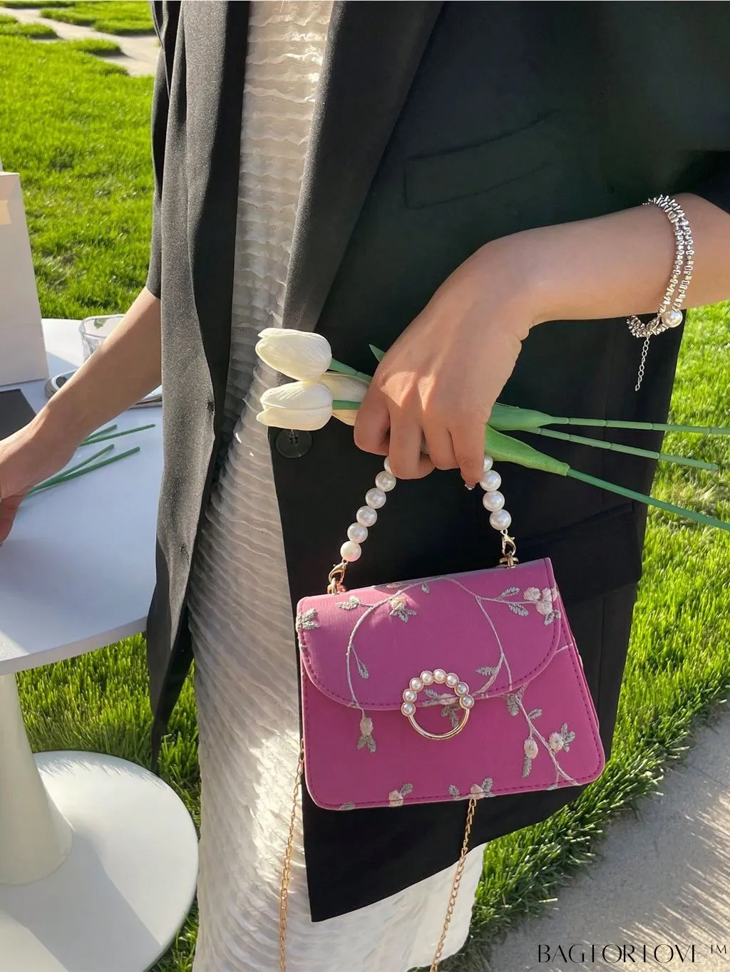 BagForLove - Chic Mini Square Bag with Flower Embroidery and Faux Pearl Accents