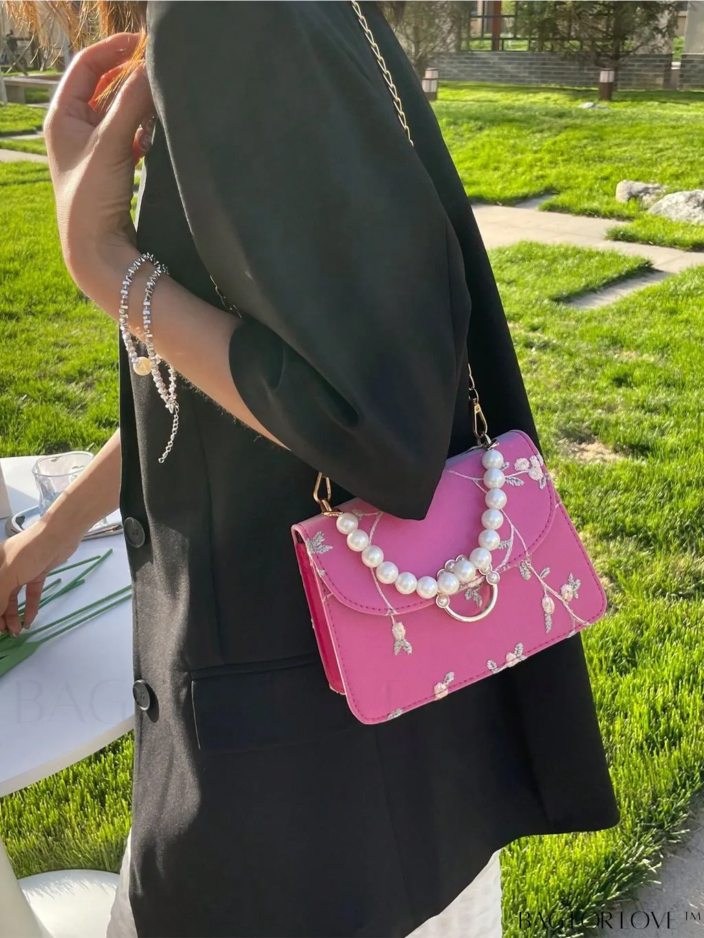 BagForLove - Chic Mini Square Bag with Flower Embroidery and Faux Pearl Accents