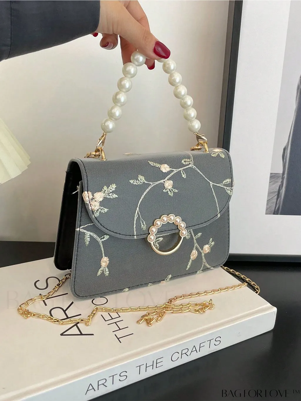 BagForLove - Chic Mini Square Bag with Flower Embroidery and Faux Pearl Accents