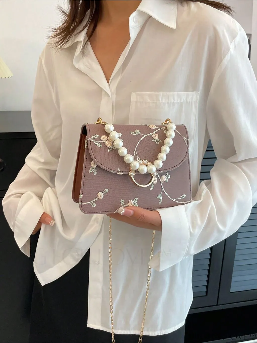 BagForLove - Chic Mini Square Bag with Flower Embroidery and Faux Pearl Accents