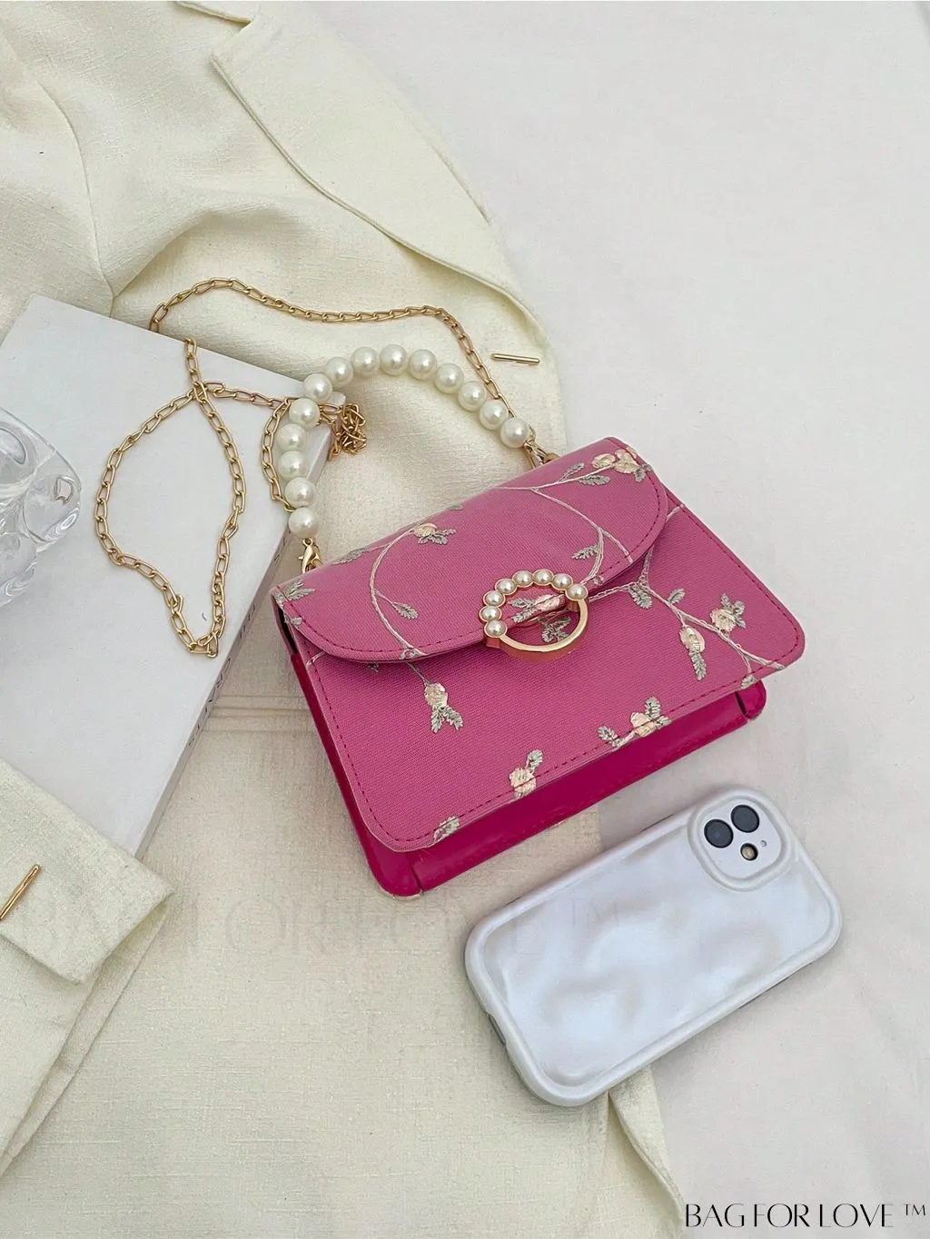 BagForLove - Chic Mini Square Bag with Flower Embroidery and Faux Pearl Accents