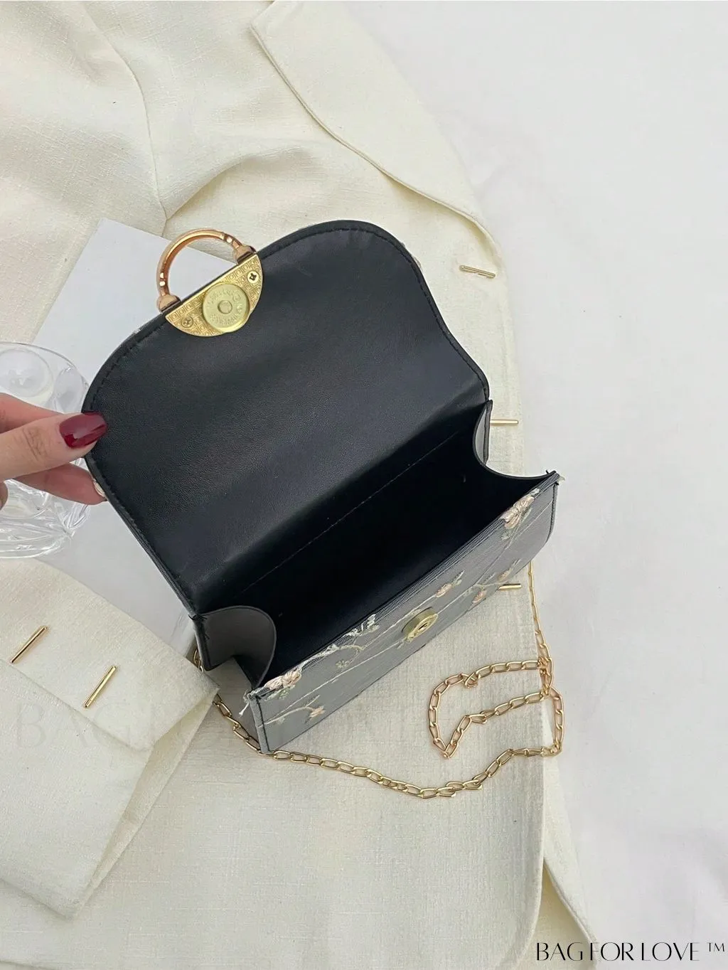 BagForLove - Chic Mini Square Bag with Flower Embroidery and Faux Pearl Accents