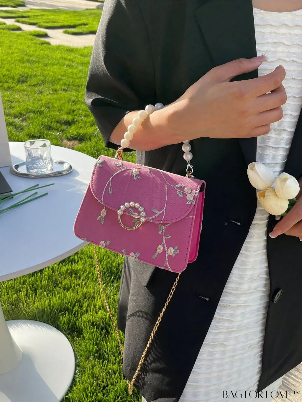 BagForLove - Chic Mini Square Bag with Flower Embroidery and Faux Pearl Accents