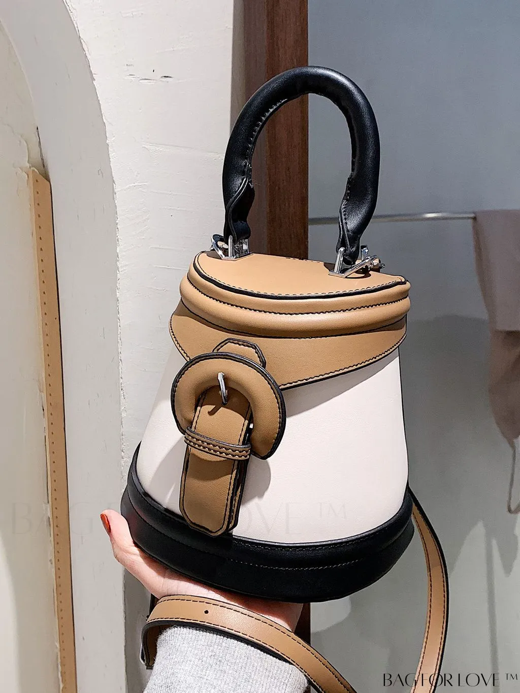 BagForLove - Compact Colorblocked Buckle Bucket Bag with Chic Accent