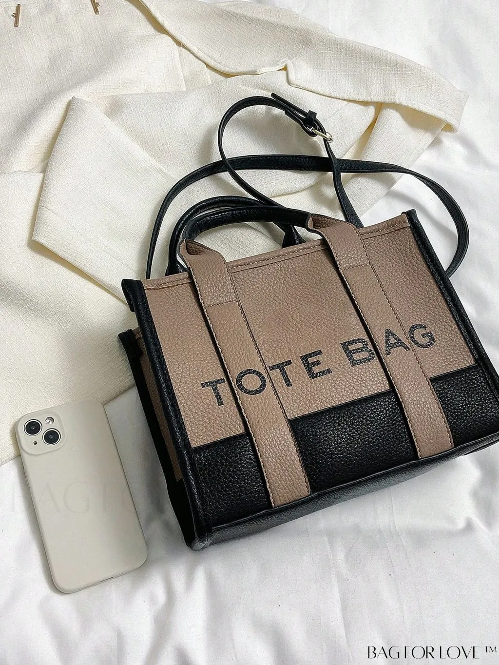 BagForLove - Stylish Litchi Embossed Square Bag with Double Handles and Zipper Closure