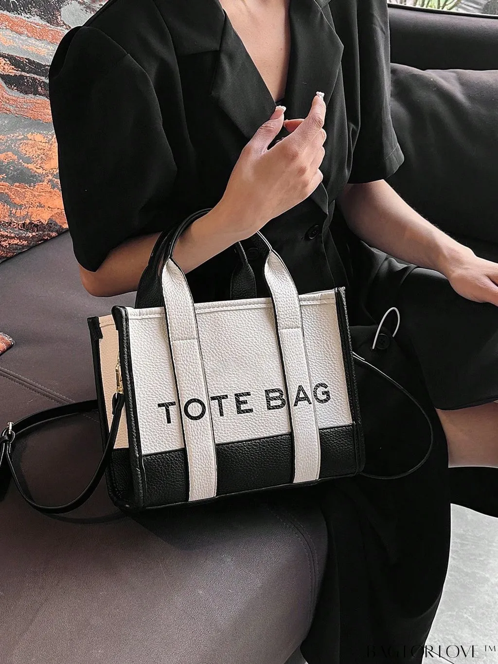 BagForLove - Stylish Litchi Embossed Square Bag with Double Handles and Zipper Closure