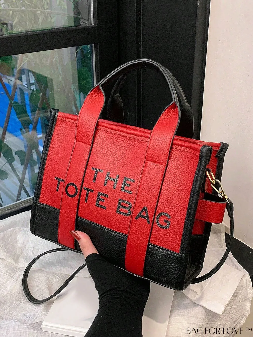 BagForLove - Stylish Litchi Embossed Square Bag with Double Handles and Zipper Closure