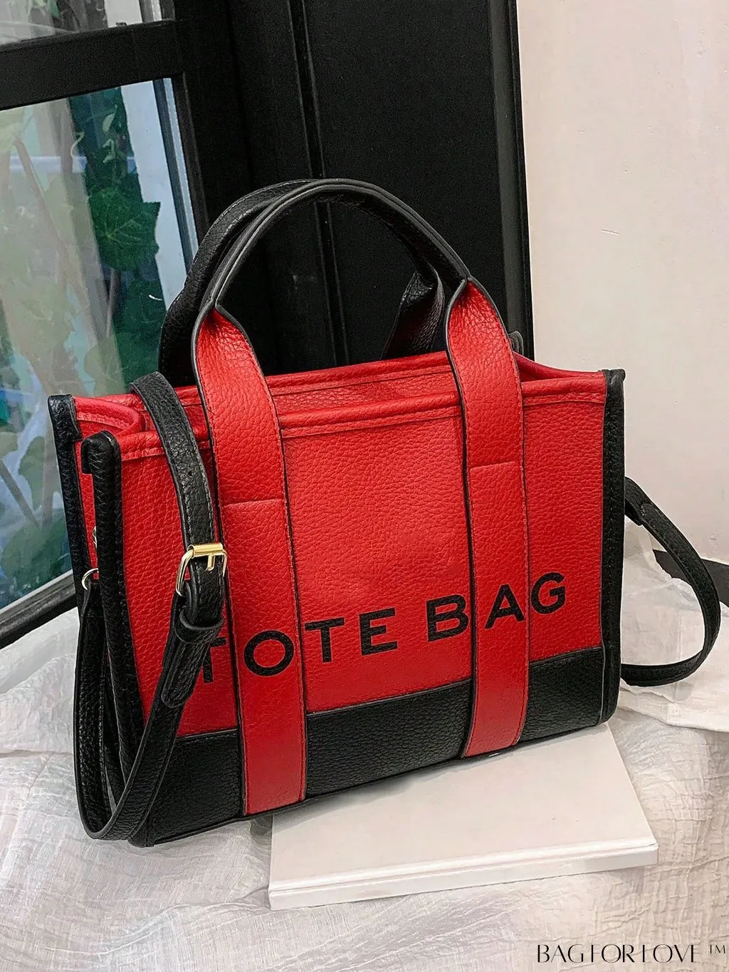 BagForLove - Stylish Litchi Embossed Square Bag with Double Handles and Zipper Closure
