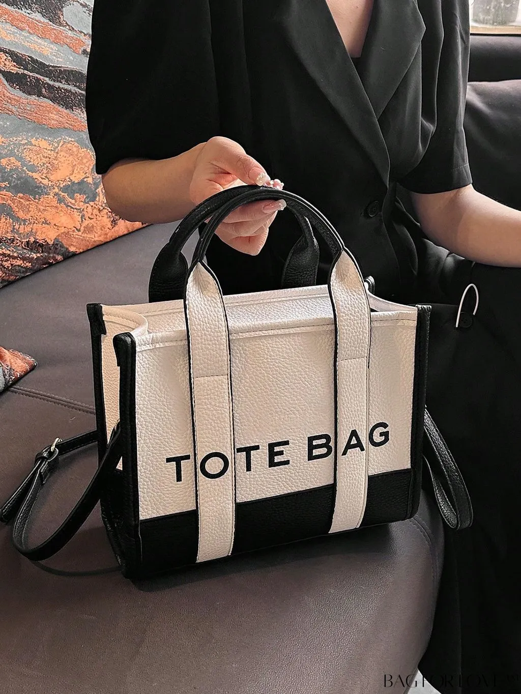 BagForLove - Stylish Litchi Embossed Square Bag with Double Handles and Zipper Closure