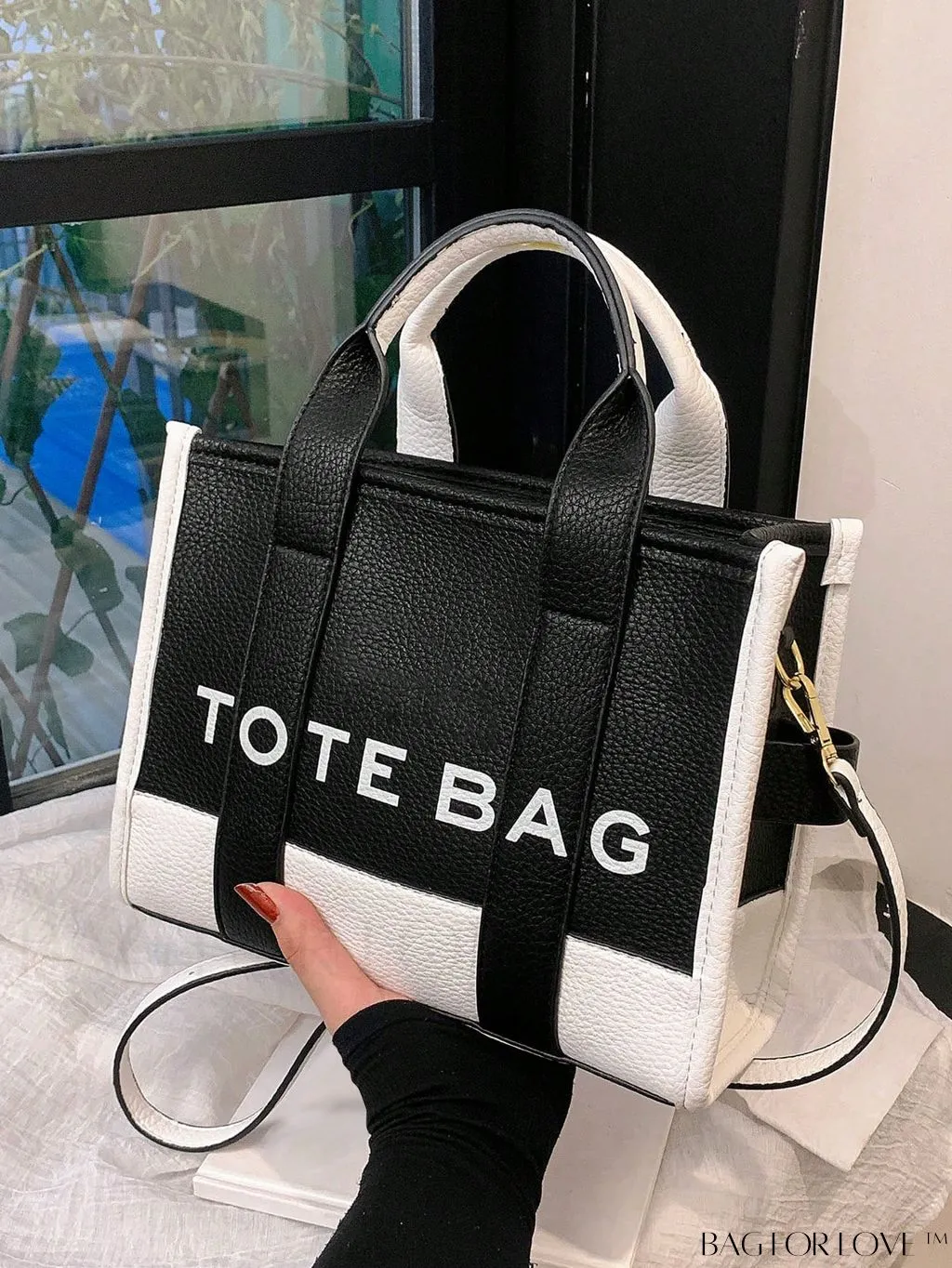 BagForLove - Stylish Litchi Embossed Square Bag with Double Handles and Zipper Closure