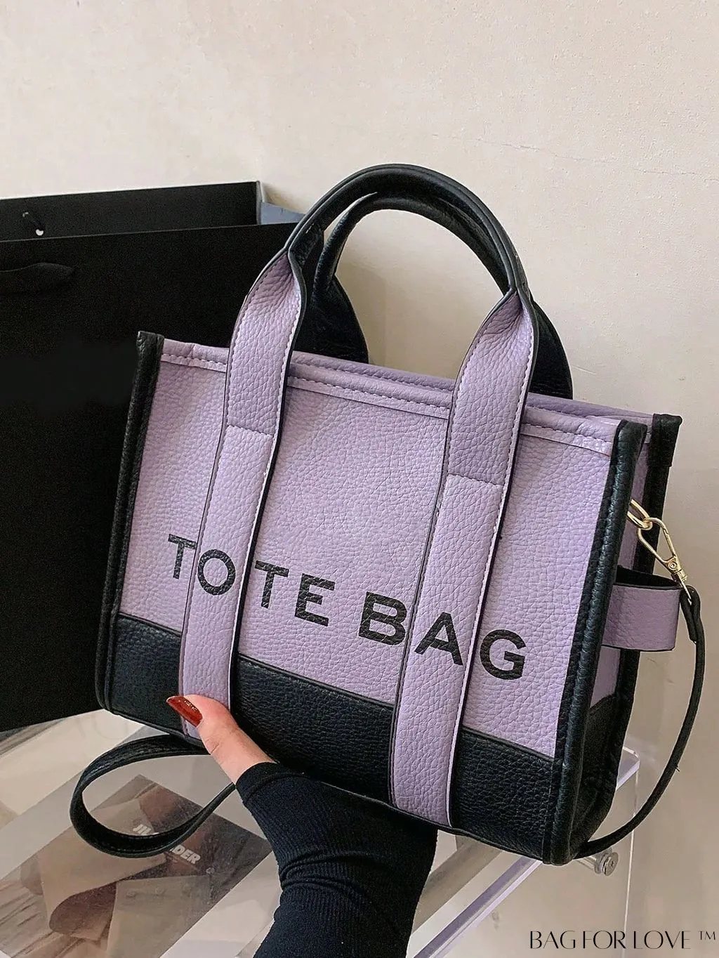 BagForLove - Stylish Litchi Embossed Square Bag with Double Handles and Zipper Closure