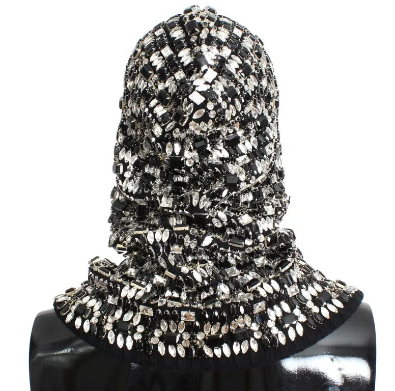 Black Wool Crystal Runway Crochet Hood