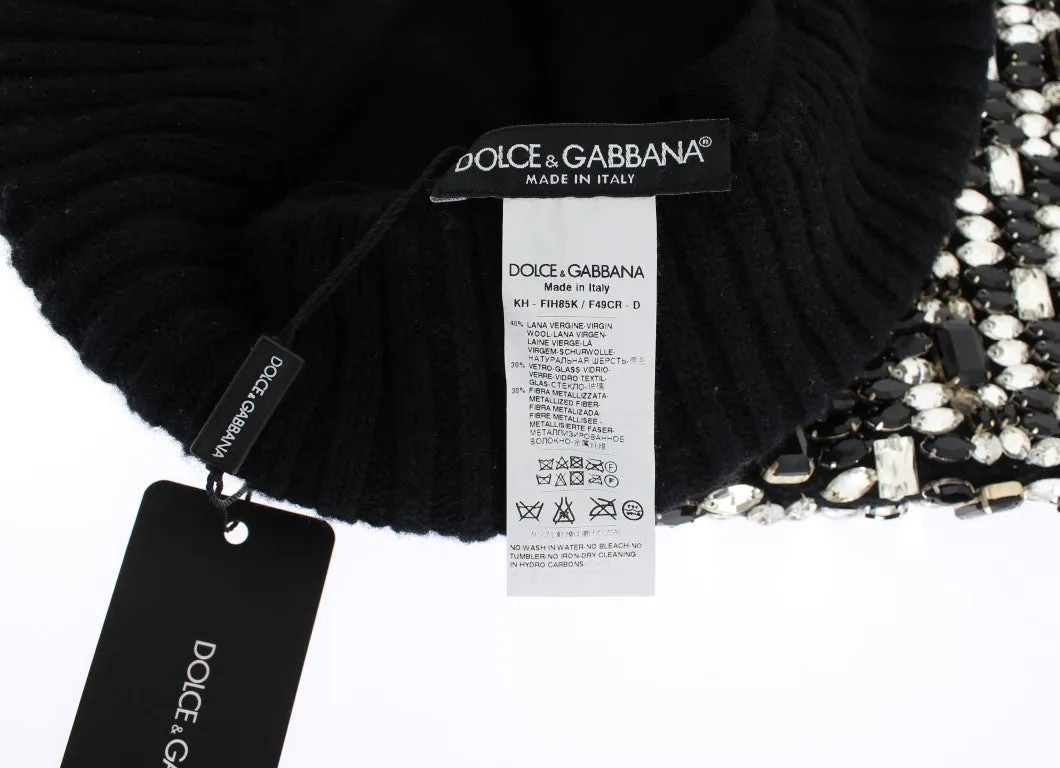 Black Wool Crystal Runway Crochet Hood