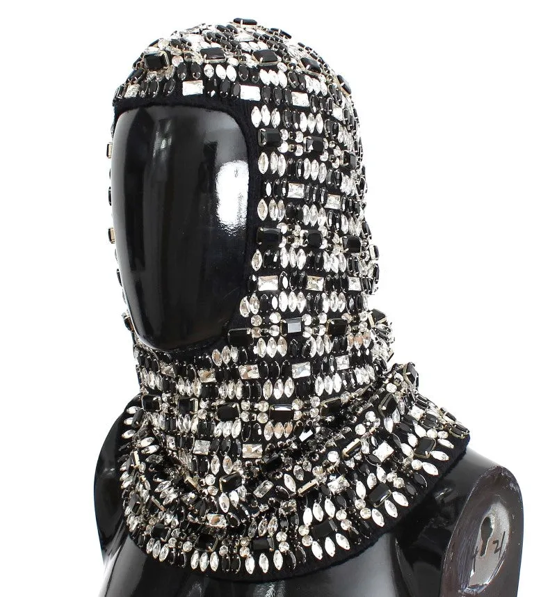 Black Wool Crystal Runway Crochet Hood