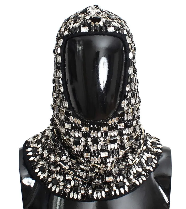 Black Wool Crystal Runway Crochet Hood