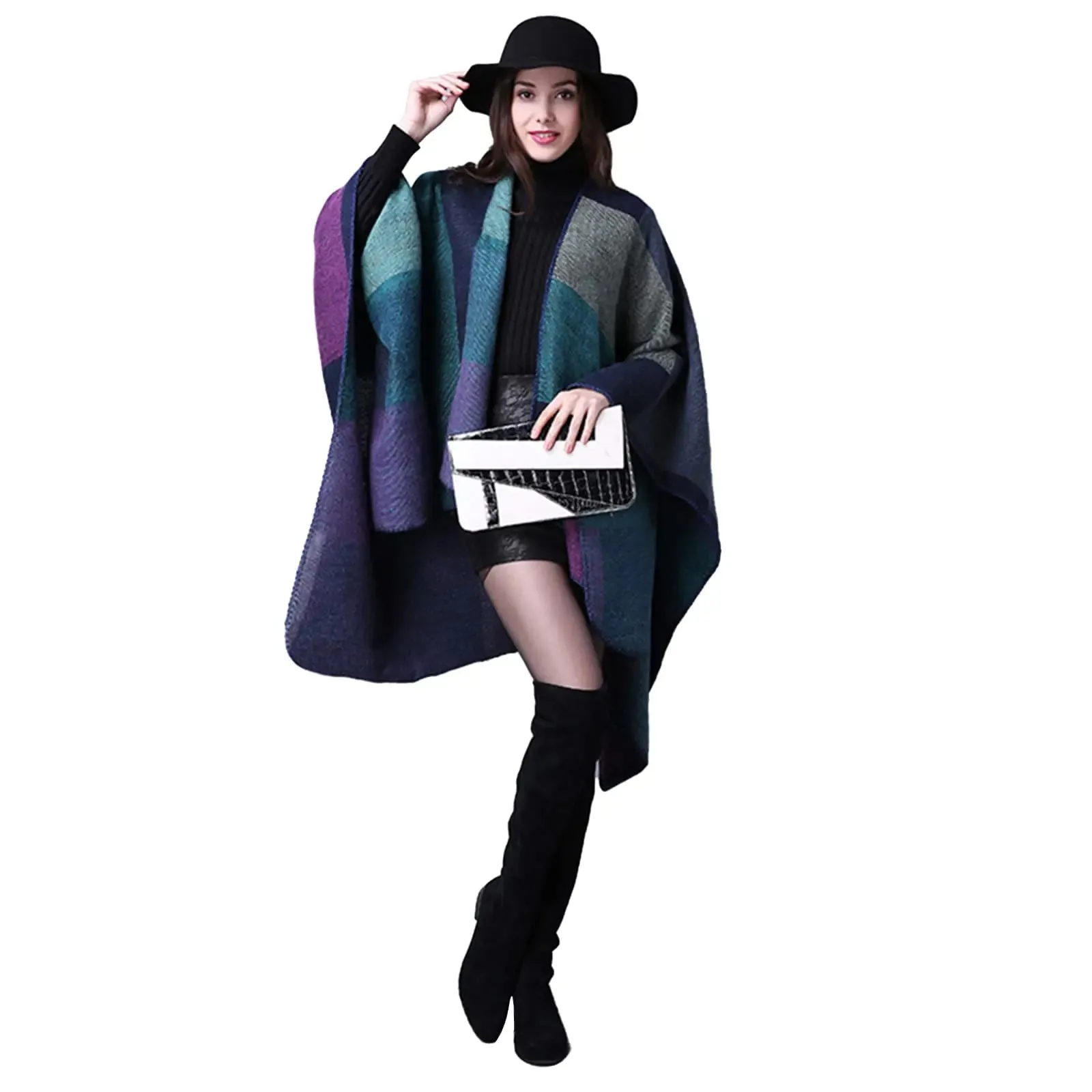 Block Plaid Open Front Sweater
