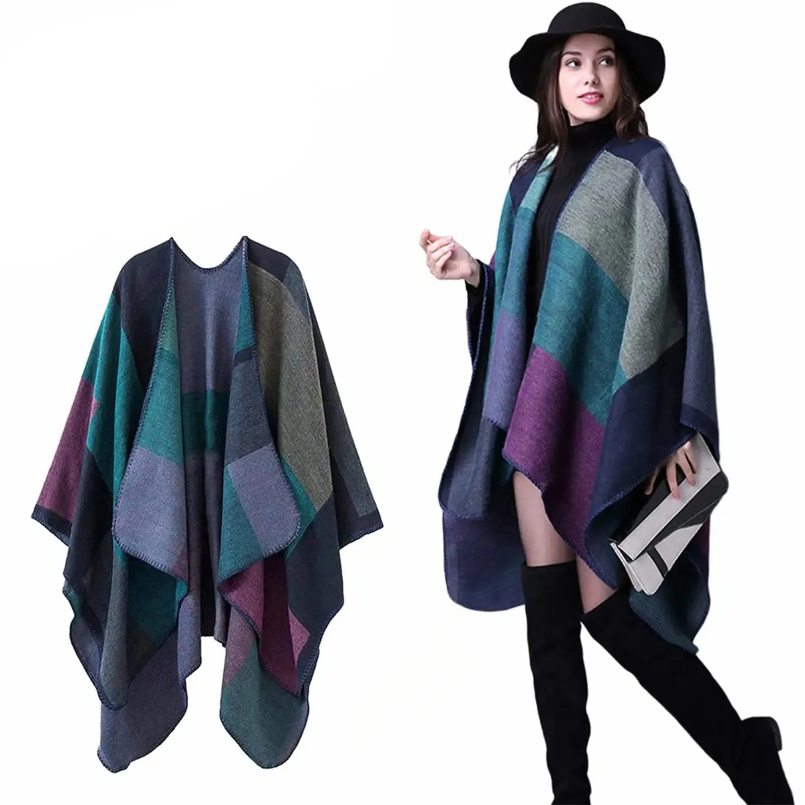 Block Plaid Open Front Sweater