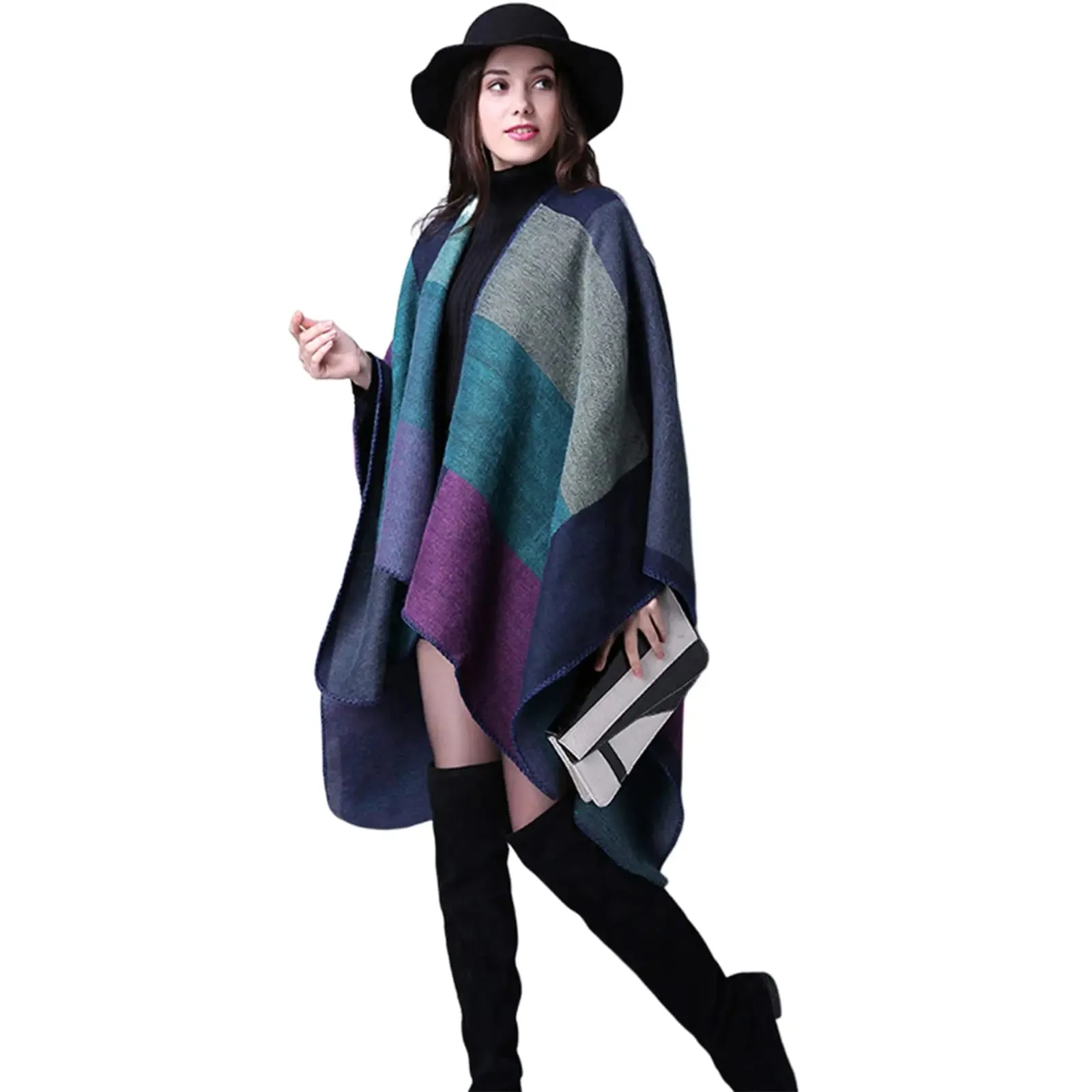 Block Plaid Open Front Sweater