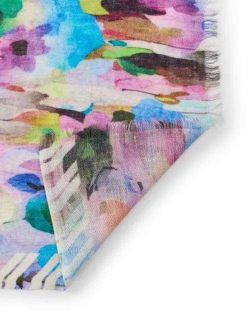 Blue Multi Abstract Print Cashmere Silk Scarf
