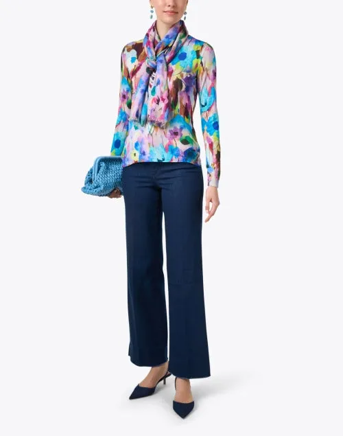 Blue Multi Abstract Print Cashmere Silk Scarf