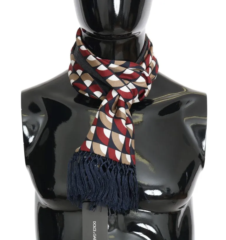 Blue Red Beige Silk Wool Fringes Scarf
