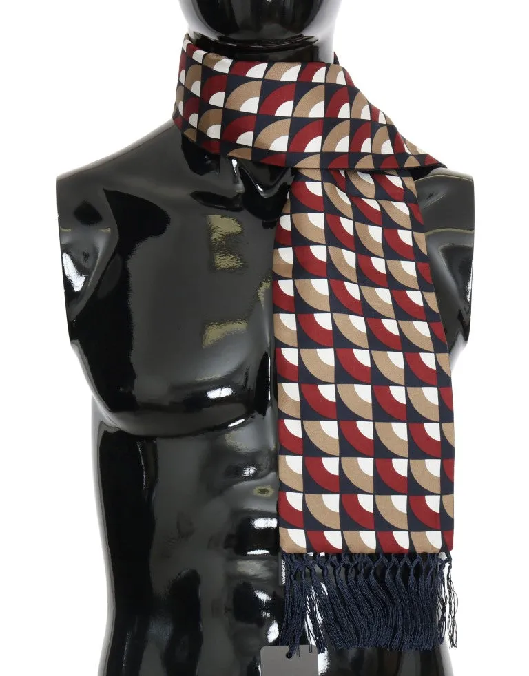 Blue Red Beige Silk Wool Fringes Scarf