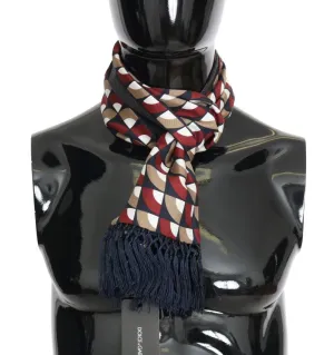 Blue Red Beige Silk Wool Fringes Scarf