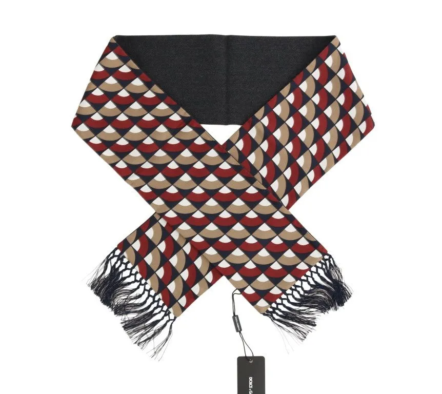 Blue Red Beige Silk Wool Fringes Scarf