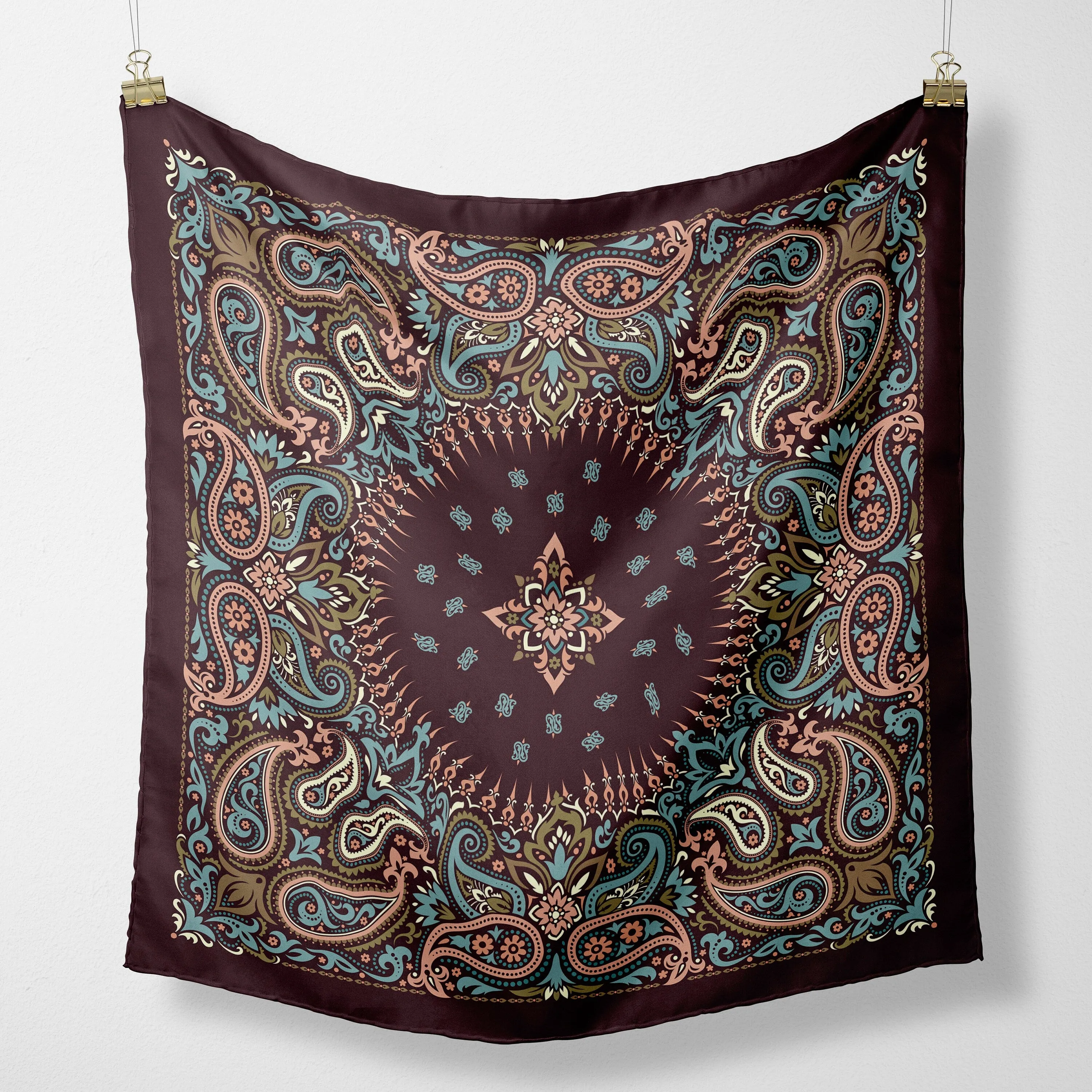 Brown, Pastel Blue and Pink Ornate Paisley Bandana