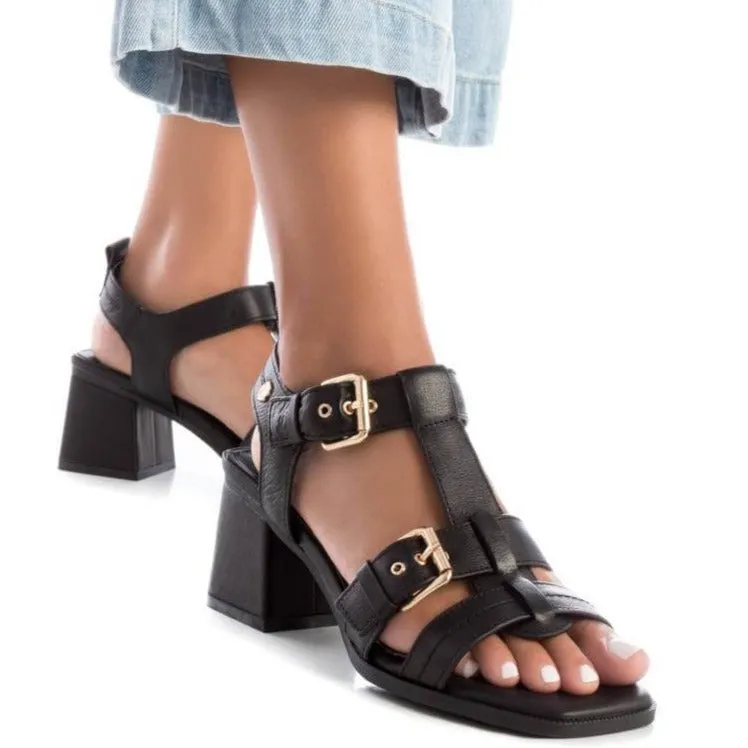 Carmela Black Leather Block Heel Sandals