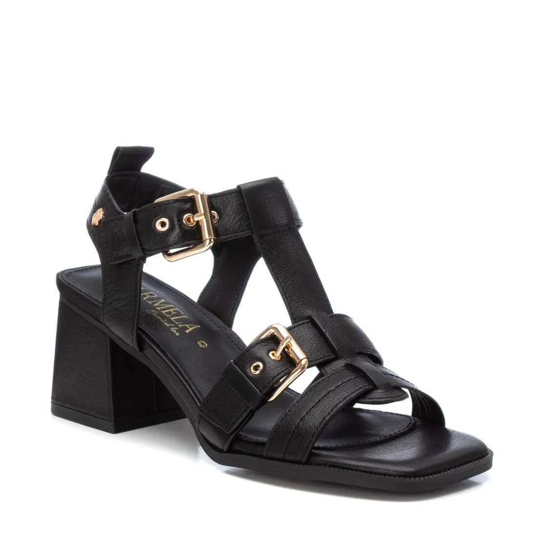 Carmela Black Leather Block Heel Sandals
