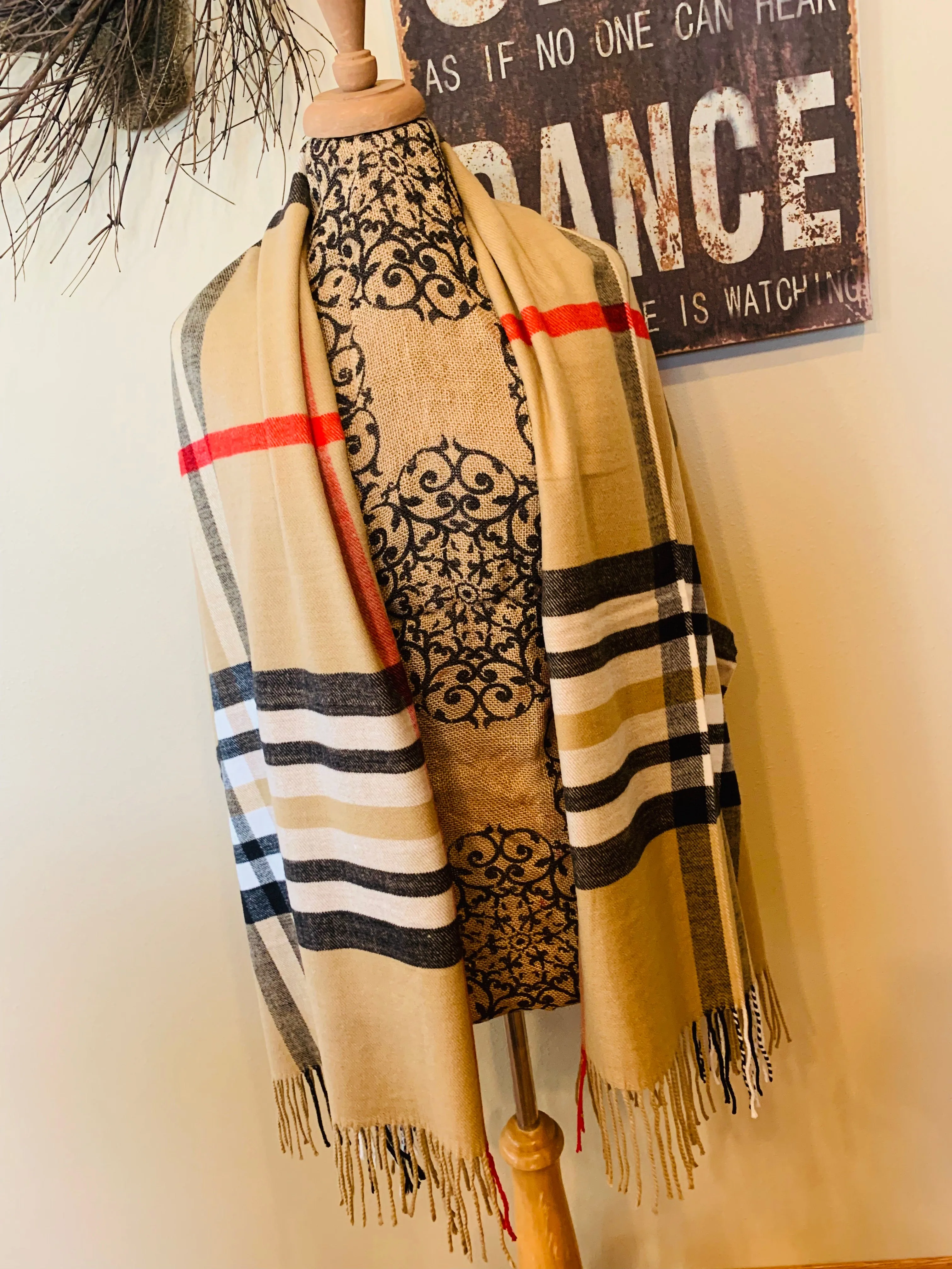 Cashmere Scotland Scarf | 80 x 30 | Camel brown vintage check plaid | Beautiful as a wrap/shawl