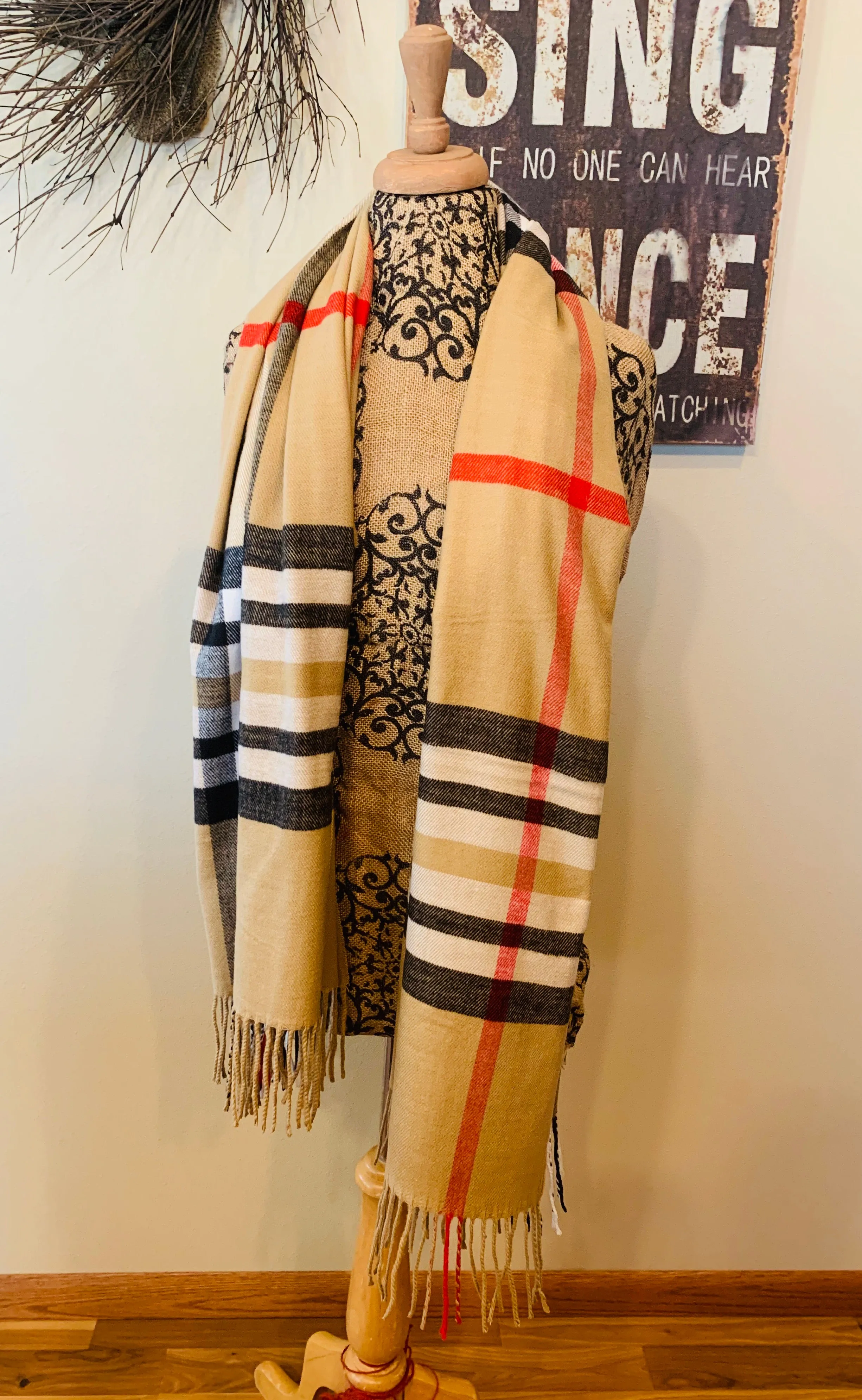 Cashmere Scotland Scarf | 80 x 30 | Camel brown vintage check plaid | Beautiful as a wrap/shawl