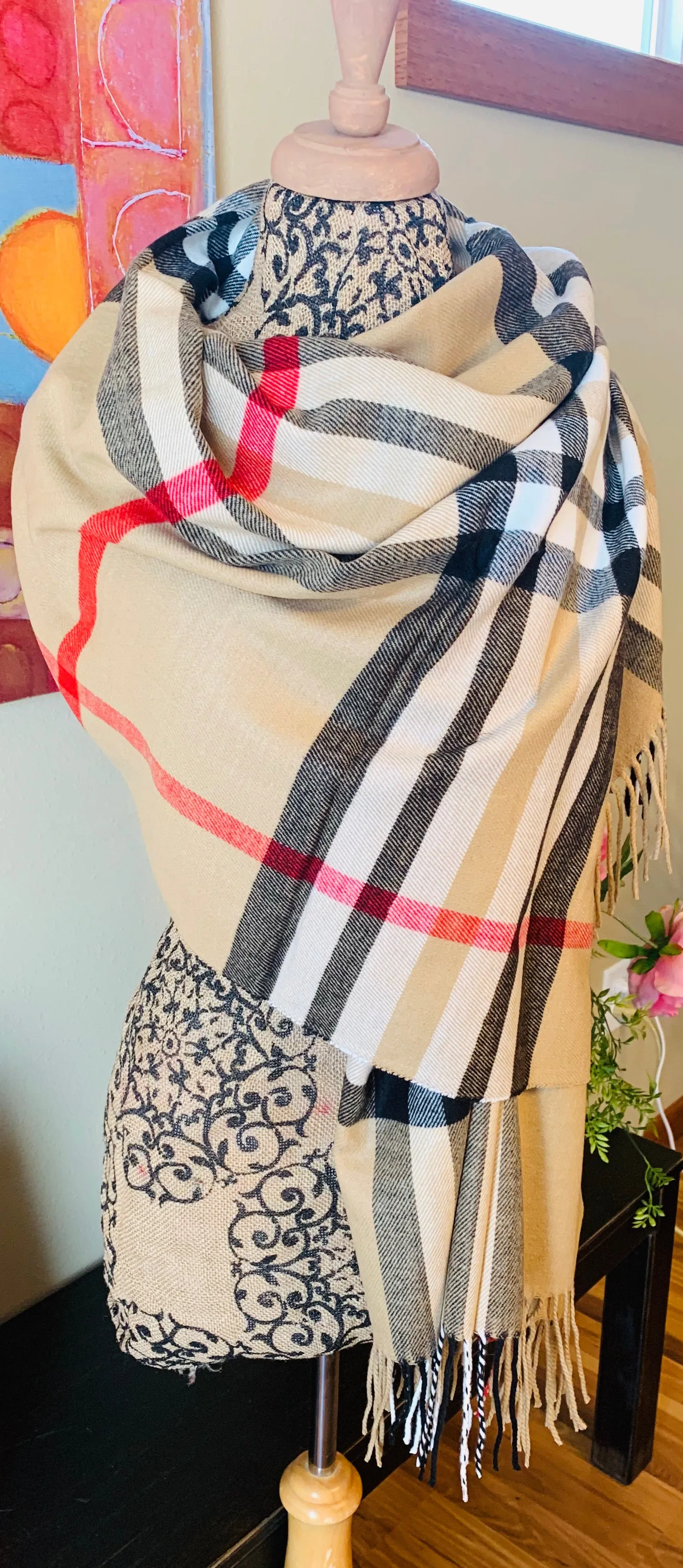 Cashmere Scotland Scarf | 80 x 30 | Camel brown vintage check plaid | Beautiful as a wrap/shawl