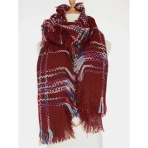Casual Plaid Braid Fringed Edge Shawl Scarf - Wine Red