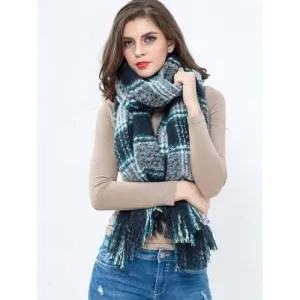 Casual Plaid Pattern Tassel Edge Shawl Scarf - Purplish Blue